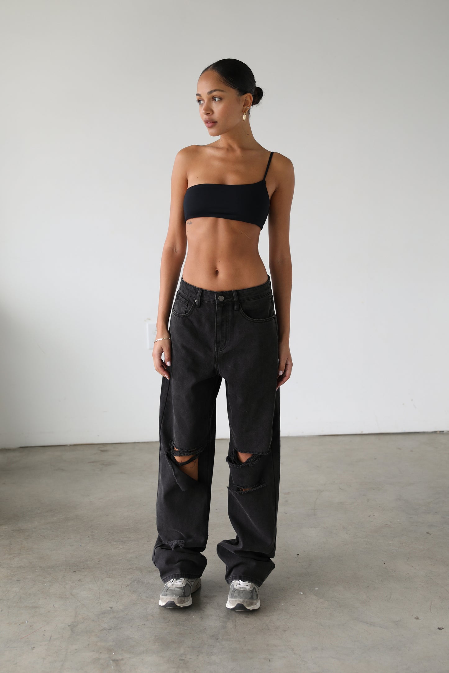 High Rise Straight Wide Leg Skater Denim Jeans - Black- 7118