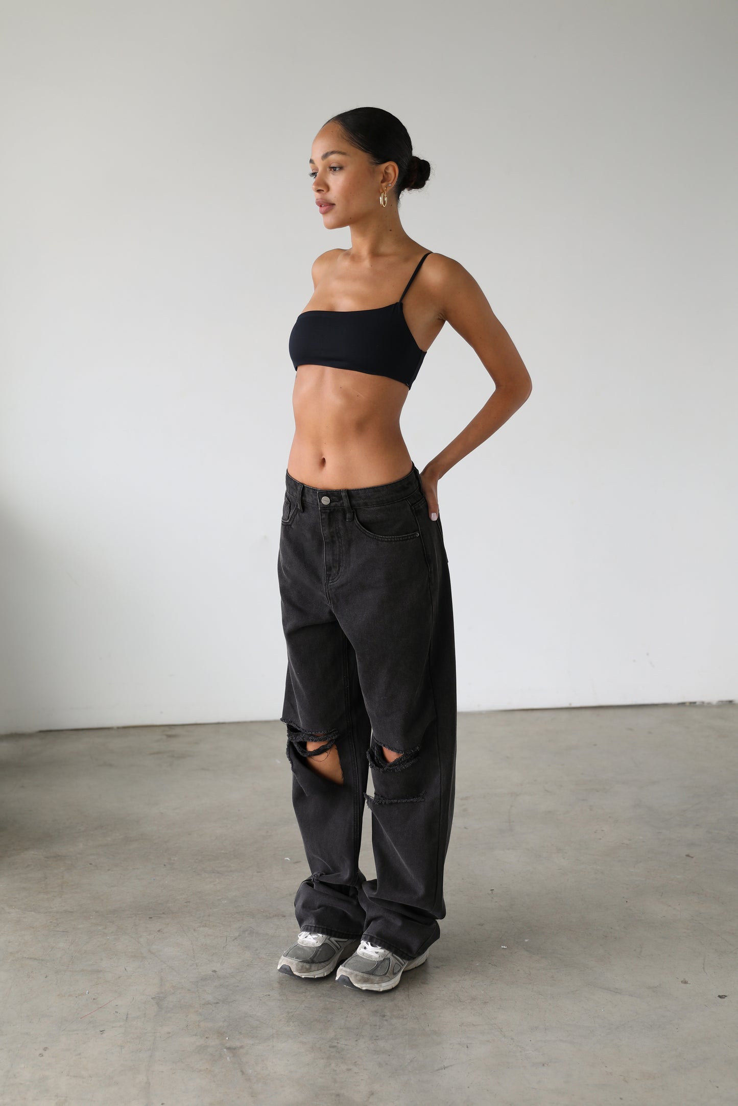 High Rise Straight Wide Leg Skater Denim Jeans - Black- 7118
