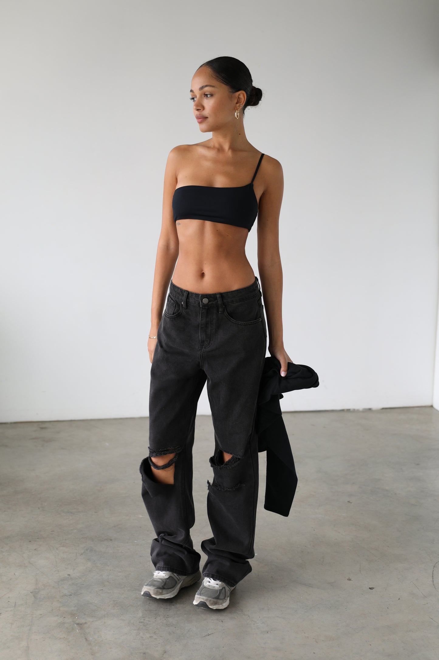 High Rise Straight Wide Leg Skater Denim Jeans - Black- 7118